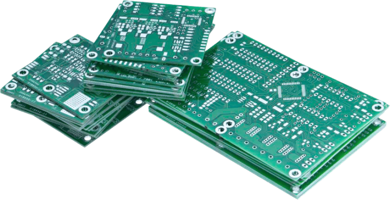 Stacks of green printed circuit boards with intricate white patterns and holes, arranged against a solid black background, conveying a technological theme.
