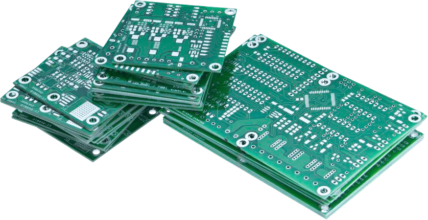 Stacks of green printed circuit boards with intricate white patterns and holes, arranged against a solid black background, conveying a technological theme.