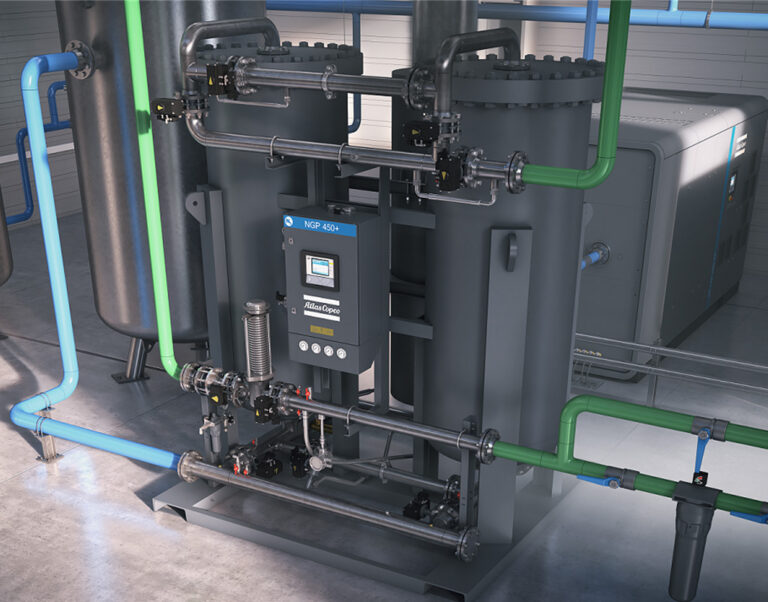 Industrial equipment scene showing a nitrogen generator with labeled pipes in various colours, a central control panel, and a modern, clean setting.