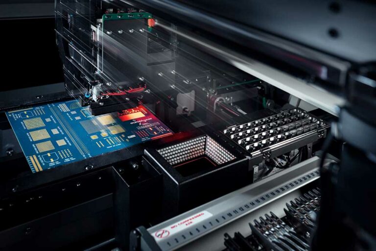 Close-up of a high-resolution X-ray electronic inspection machine, featuring a blue PCB with intricate gold patterns and glowing red lights, evoking precision.
