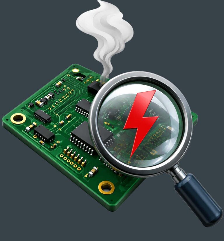 PCB with an identified error shown with a magnifying glass