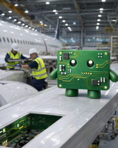 Green circuit-board mascot on an airplane wing in a factory, while workers assemble the aircraft; exposed electronics convey high-tech innovation.