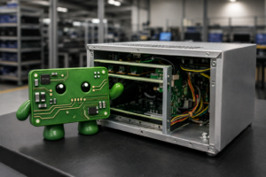 Green circuit-board robot stands beside a full box build in a workshop, exposing circuit boards, wiring, and internal hardware.