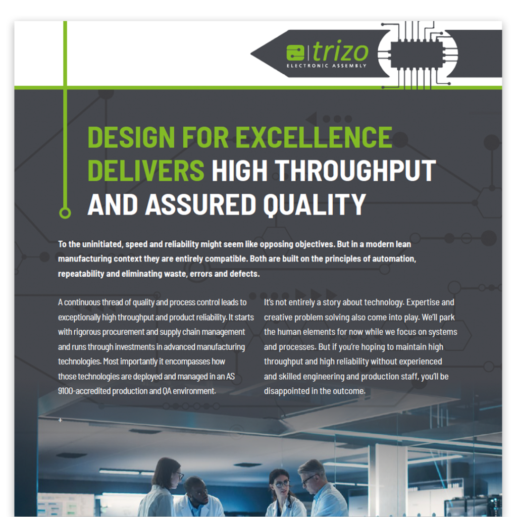 A promotional poster for Electronic Assembly company Trizo, featuring bold text: 'Design for Excellence Delivers High Throughput and Assured Quality' on a dark, modern background with circuit patterns. The focus is on principles like automation and reliability. The header includes the Trizo logo with a circuit design. Keywords: design, throughput, quality, automation, reliability.