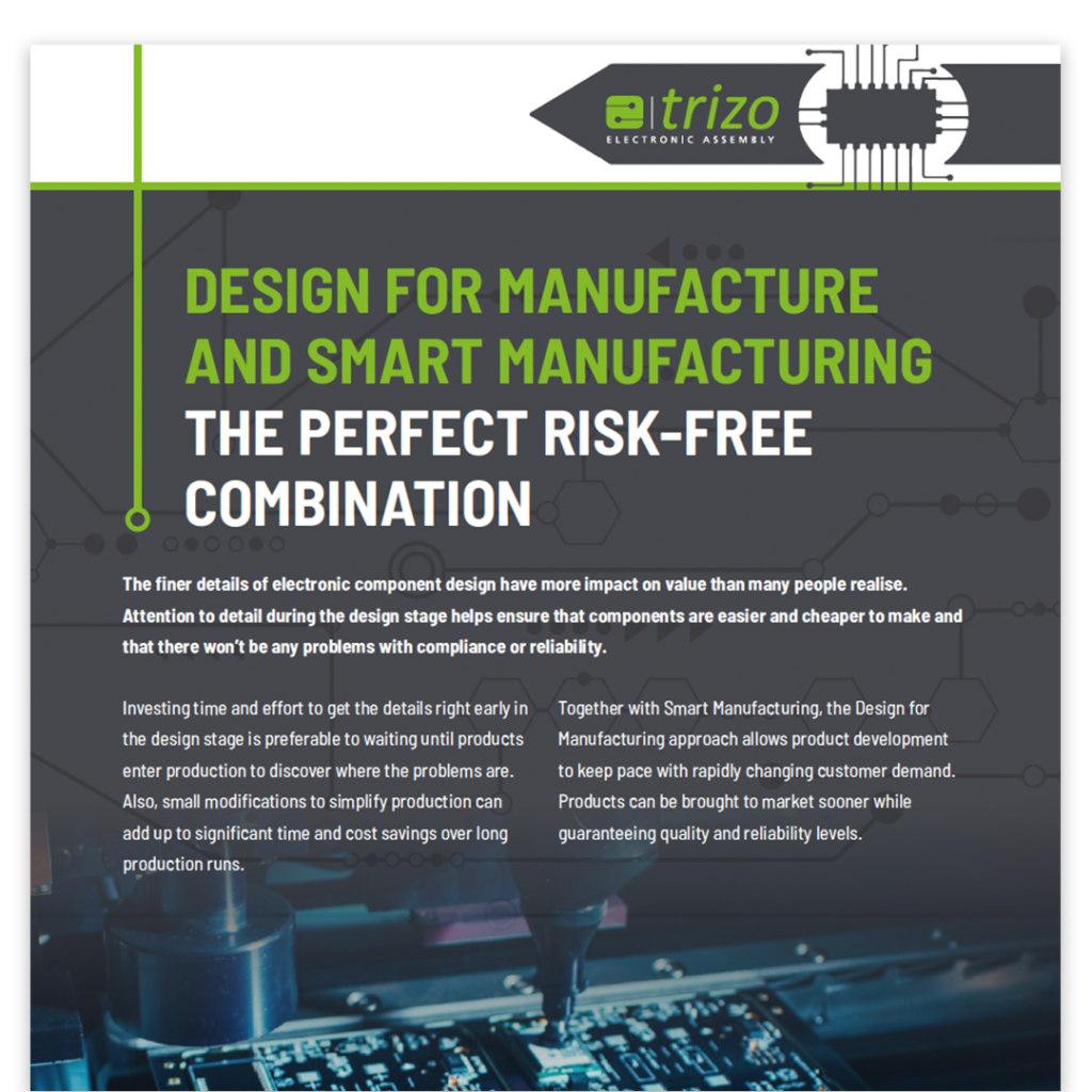 Document titled 'Design for Manufacture and Smart Manufacturing—The Perfect Risk-Free Combination.' Features a circuit board graphic background with text describing benefits of detailed design in manufacturing for reliability and quality. Promotes smart manufacturing for cost-effectiveness and performance.