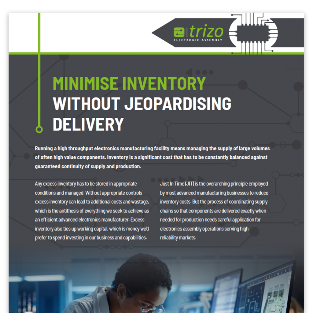 A promotional poster for Trizo Electronic Assembly highlights inventory management. Green bold text reads, 'Minimise Inventory Without Jeopardising Delivery.' Below is a paragraph explaining inventory control in electronics manufacturing. The lower section features an image of a person focused on a computer screen, emphasizing a high-tech, professional tone.