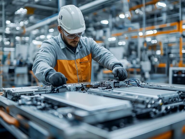 A worker in protective gear assembles components at a modern, well-lit factory. The scene conveys focus and precision in an industrial setting.