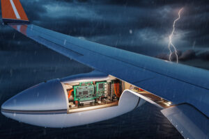 Airplane wing and exposed electronic components in heavy rain, with lightning illuminating dark storm clouds; dramatic, tense mood.