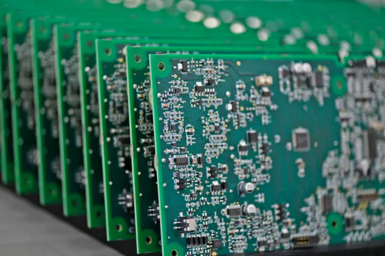 Close-up of stacked green circuit boards with intricate silver components, highlighting advanced technology and precision manufacturing.