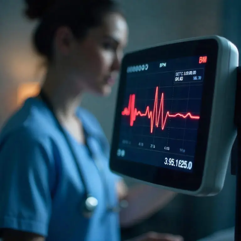 A medical professional in blue scrubs observes a heart monitor showing red ECG waves, conveying a focused and attentive atmosphere.