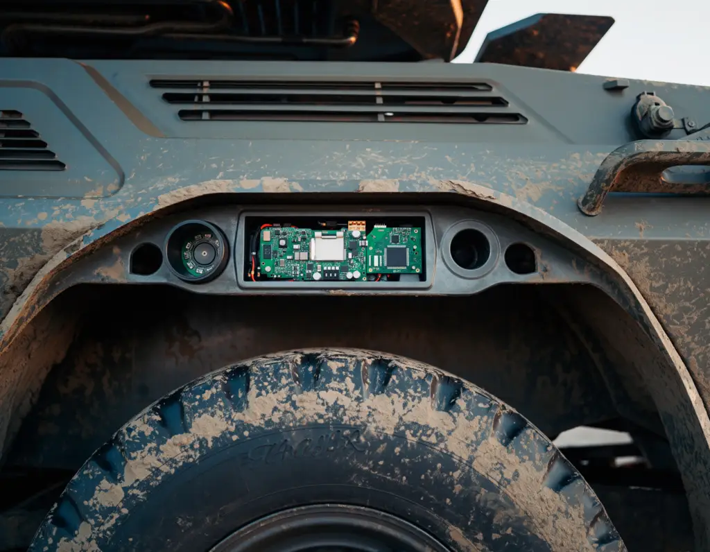 Close-up of a muddy armoured vehicle showing a panel with exposed circuit board above a wheel. The scene conveys ruggedness and tech integration.