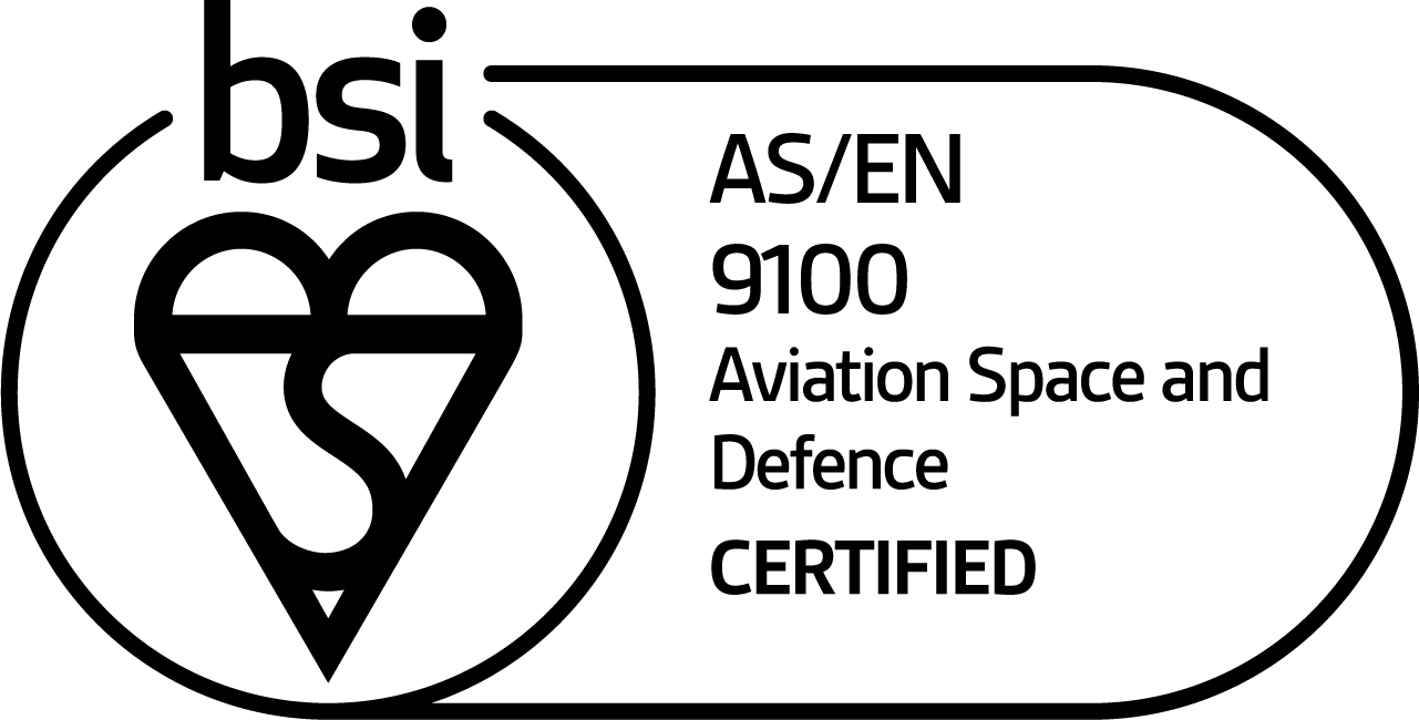 Black-and-white BSI certification logo with a heart-shaped emblem in a circle and text stating “AS/EN 9100 Aviation Space and Defence Organizations CERTIFIED.”