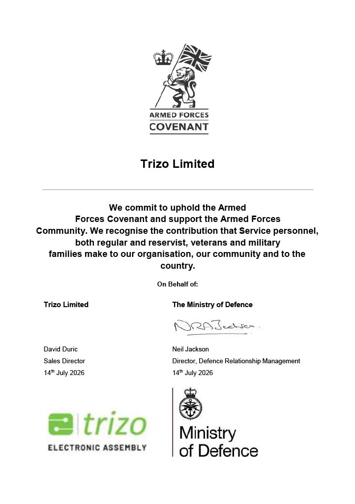 Armed Forces Covenant certificate from Trizo Limited and the UK Ministry of Defence, recognizing support for service personnel, veterans, and families.