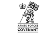 Armed Forces Covenant logo featuring a crowned bulldog holding a Union Jack, with the words “Armed Forces Covenant” below; formal, patriotic design.