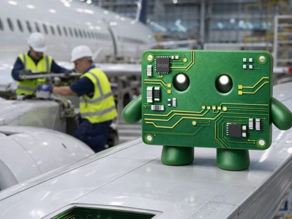 Trizo mascot sat on the wing of a plane