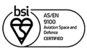 Black-and-white BSI certification logo featuring a heart-shaped emblem and text stating AS/EN 9100 Aviation, Space and Defence Organisations CERTIFIED.