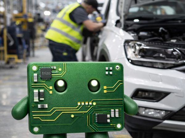 Trizo mascot stood in a car factory