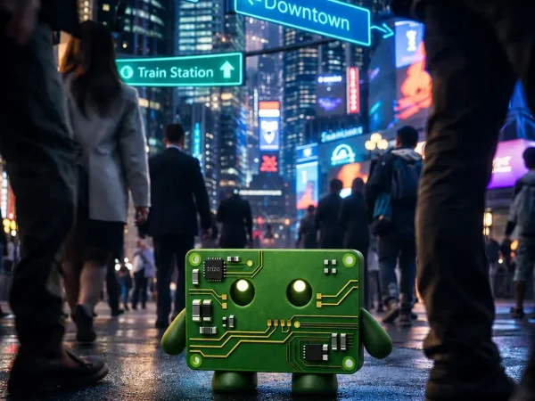 Green PCB mascot stood in the crosswalk of a bustling city. there are skyscrapers and neon lights in the background