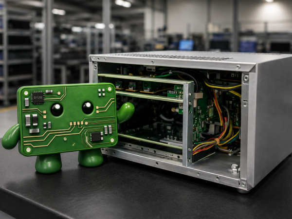 Green circuit-board robot stands beside a full box build in a workshop, exposing circuit boards, wiring, and internal hardware.