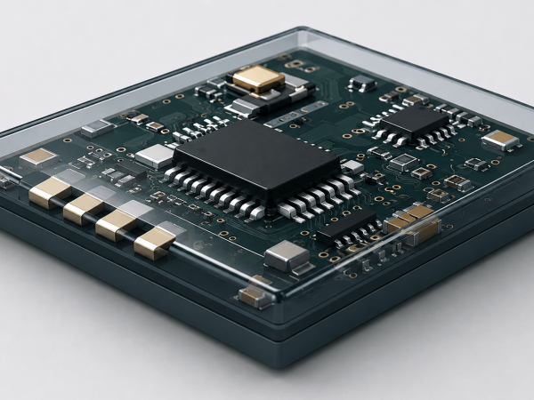 A compact black circuit board in a clear protective case illustrating conformal coating, featuring a central microchip, silver connectors, and detailed electronic components.