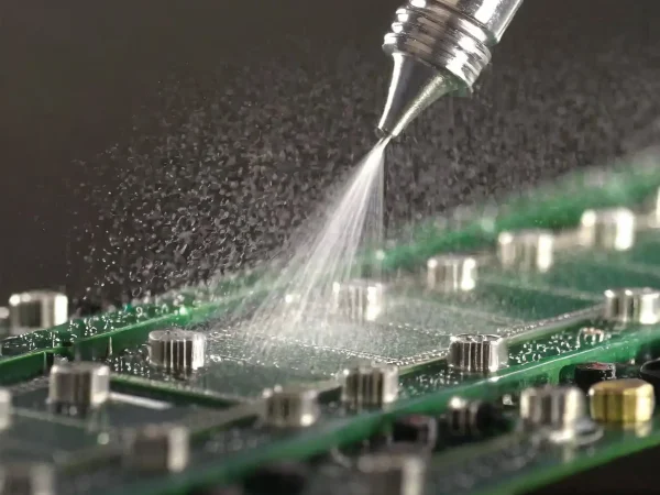 conformal coating being sprayed onto PCU
