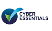 Cyber Essentials logo with overlapping blue and green circular shapes forming a checkmark, beside bold navy text reading “CYBER ESSENTIALS.”