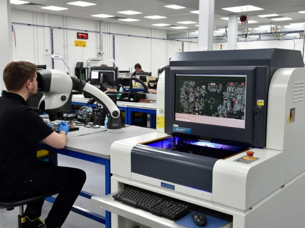 A technician in a black shirt works on electronic equipment at a desk, using a large microscope. Nearby, a screen displays a circuit board layout, indicating a busy and high-tech laboratory environment focused on precision and detail.