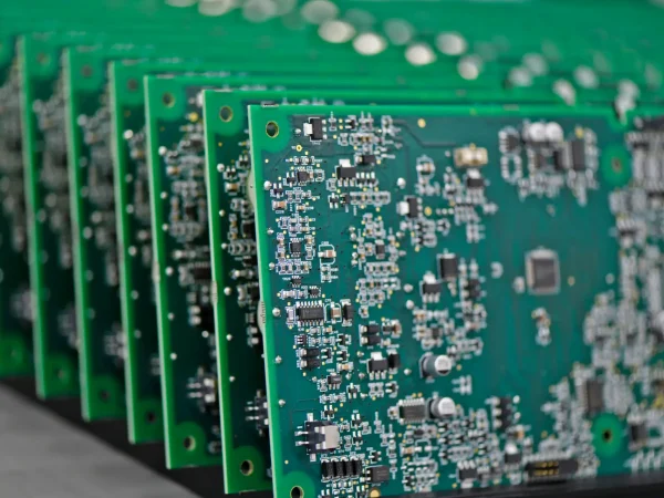 Close-up of stacked green circuit boards with intricate silver components, highlighting advanced technology and precision manufacturing.