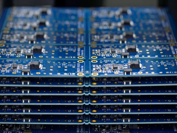 Stack of blue printed circuit boards with various electronic components and gold contacts. The arrangement is orderly, highlighting technology precision.