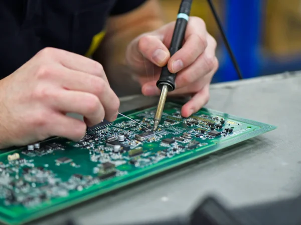 Close-up of hands soldering components on a green circuit board. The scene shows precision and concentration, with tools visible on a workbench.