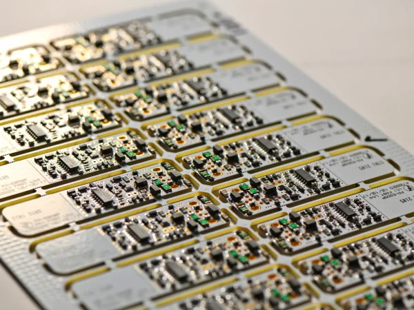 Close-up of a circuit board with rows of small components, including resistors and capacitors. It conveys a sense of precision and technology.