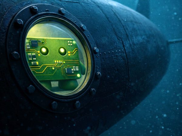 Trizo mascot looking out the window of a submarine underwater