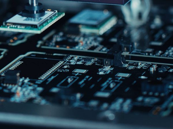 Close-up of a circuit board on an assembly line, with a robotic arm placing a microchip. The scene conveys precision and advanced technology.
