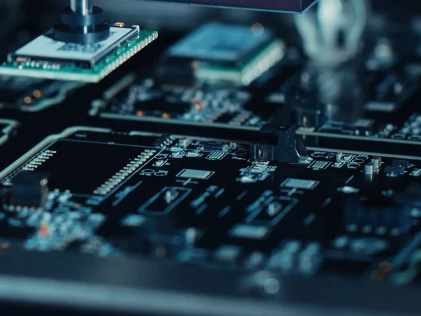 Close-up of a circuit board on an assembly line, with a robotic arm placing a microchip. The scene conveys precision and advanced technology.