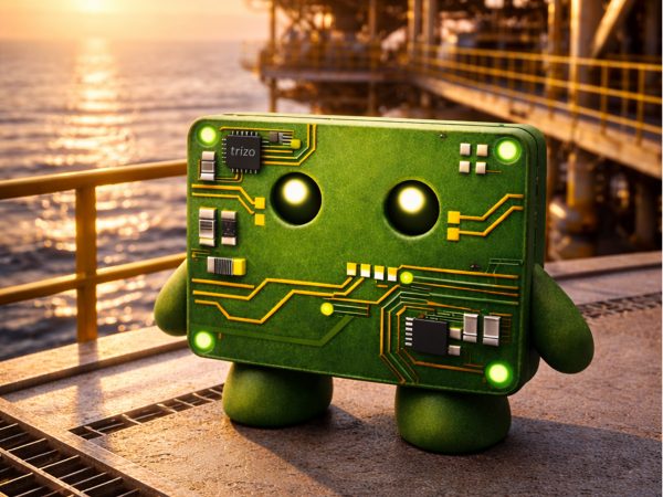 trizo mascot stood on an oil rig