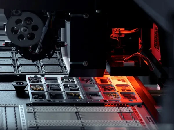 Close-up of a circuit board being assembled under a red light with robotic machinery, conveying a high-tech, industrial atmosphere.
