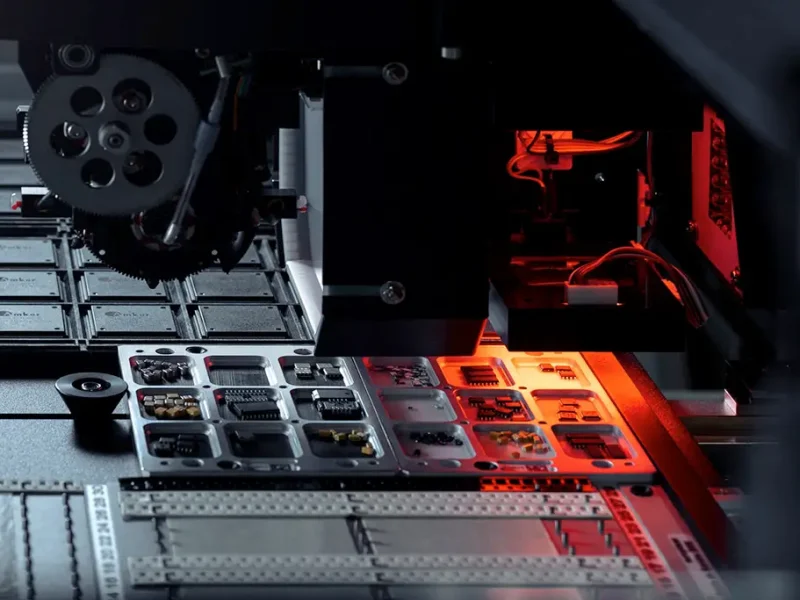 Close-up of a circuit board being assembled by a machine, illuminated by a red light. The scene conveys precision and advanced technology.