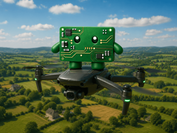 Trizo mascot stood on top of a drone in flight above green fields
