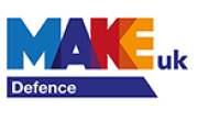 MAKE UK Defence logo featuring bold blue, red, and navy “MAKE uk” lettering above a navy triangular banner labeled “Defence.”
