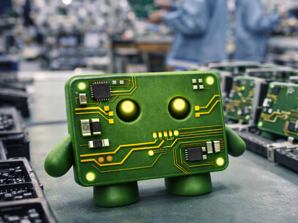 Trizo mascot stood in a factory surrounded by PCBs and engineers