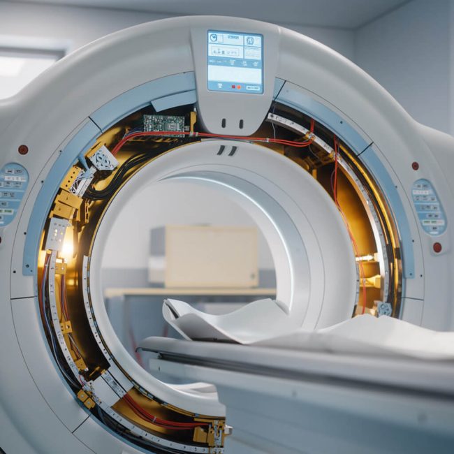 Close-up of a modern CT scanner in a hospital room. The machine's circular opening glows softly, with intricate internal components visible. The room is clean and clinical.