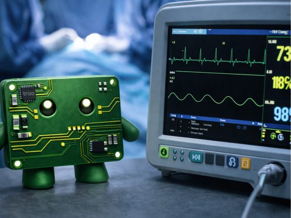 Trizo mascot stood next to a heart monitor