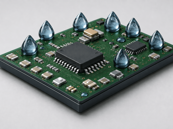 Green electronic circuit board with central black microchip, silver components, and nano conformal coating, conveying advanced technology.
