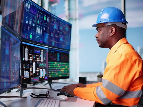 A man in an orange safety jacket and blue hard hat monitors complex data on multiple screens in a control room, conveying focus and precision.