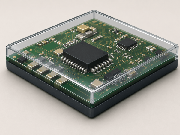 A compact black circuit board in a clear protective case illustrating conformal coating, featuring a central microchip, silver connectors, and detailed electronic components.