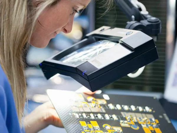 A woman closely examines a circuit board under a magnifying lamp, focusing intently. The scene conveys precision and concentration in a tech setting.