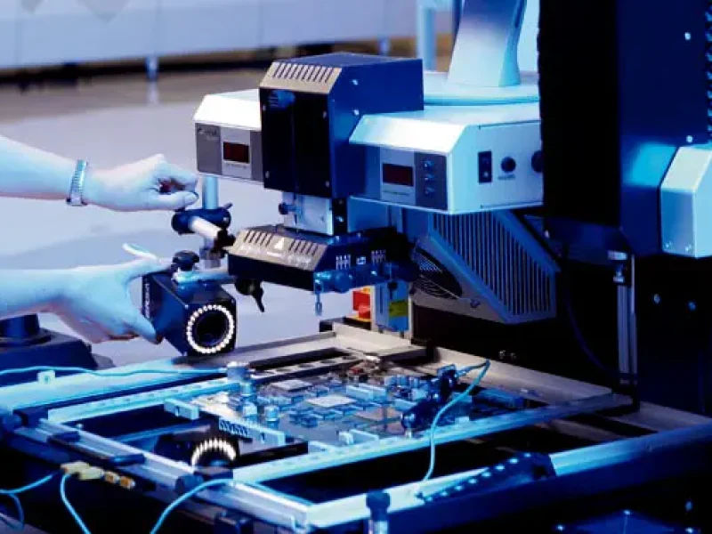 A person operates an advanced, blue-lit selective soldering machine inspecting circuit boards. The environment feels high-tech and focused on precision engineering.