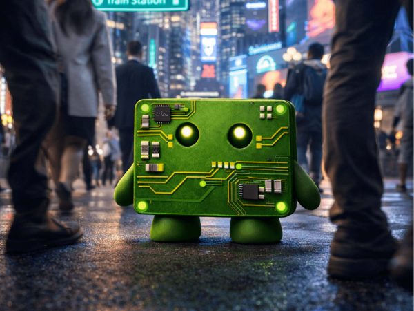 Trizo mascot stood in the road of a smart city