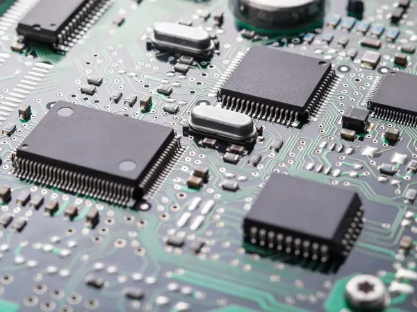 Close-up of a green circuit board with multiple black microchips and intricate silver pathways, conveying a sense of modern technology and complexity.