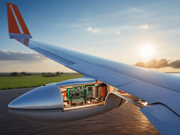 A close-up of an airplane wing in flight at sunset, showing exposed electronic components and wiring, conveys innovation and technology.